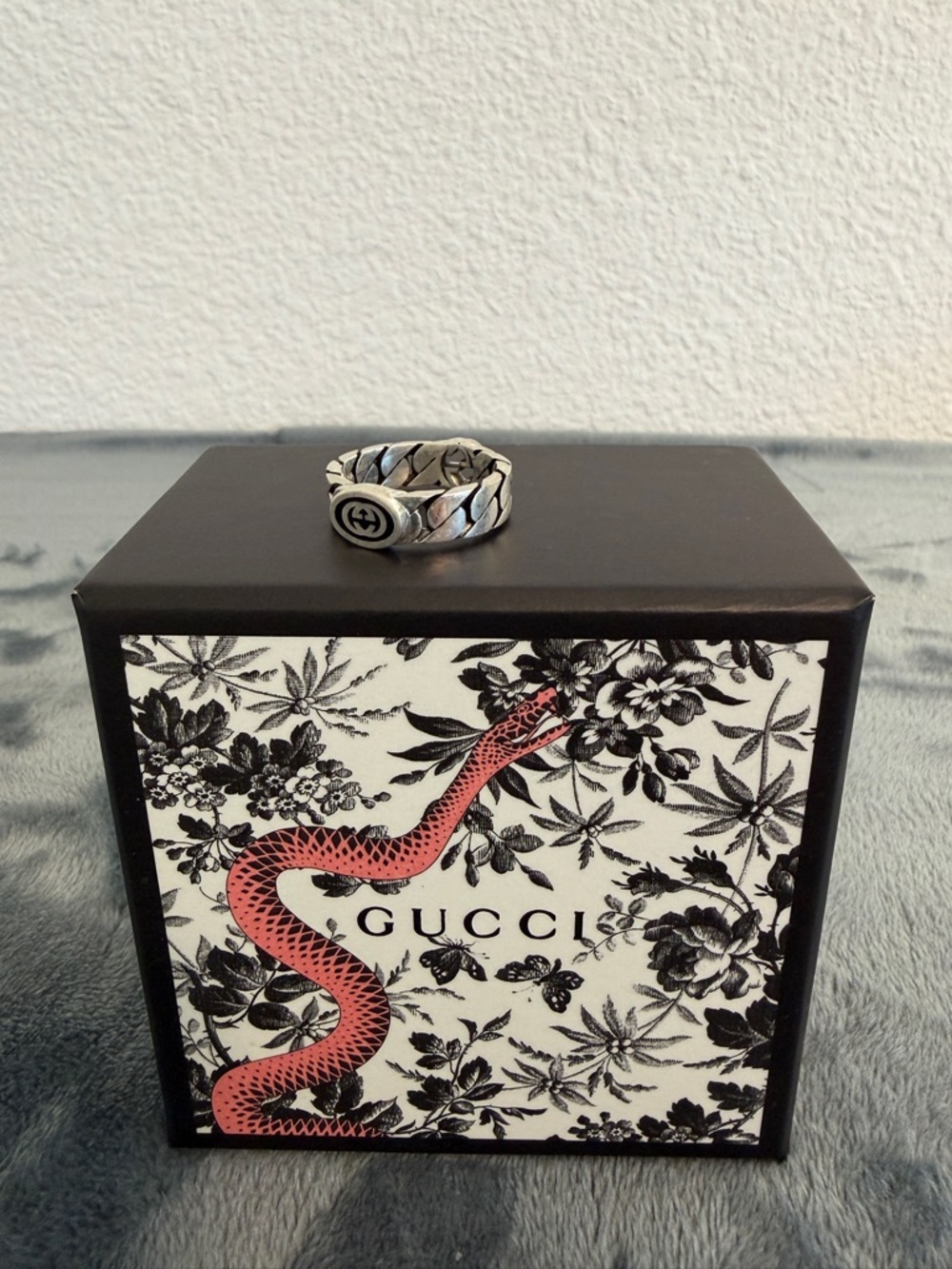 NWT Gucci Interlocking G Gourmette Chain Ring Silver Black Enamel Sz 23 US 10.25 - Picture 6 of 8
